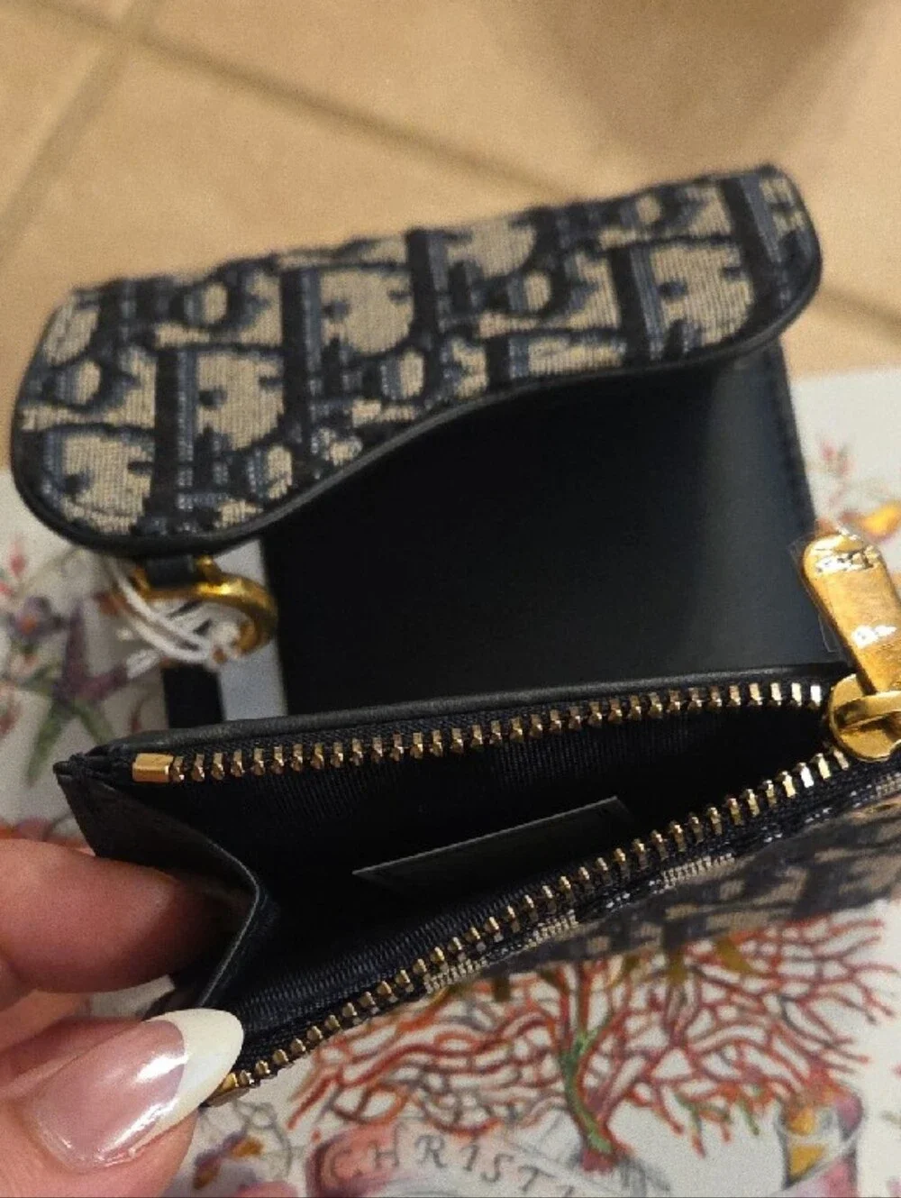 Authentic Christian Dior Saddle Lotus Wallet in the iconic Navy & Beige Oblique